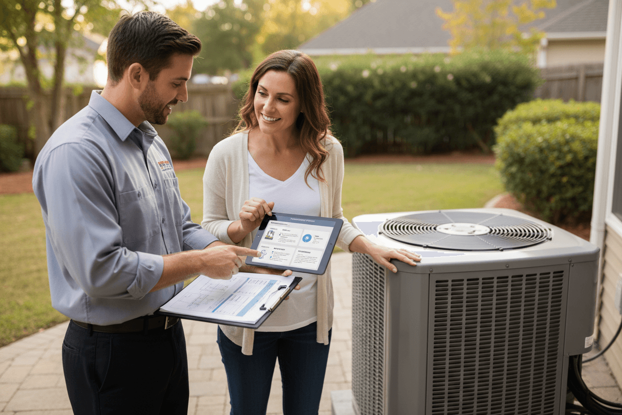 HVAC technician consulting with homeowner